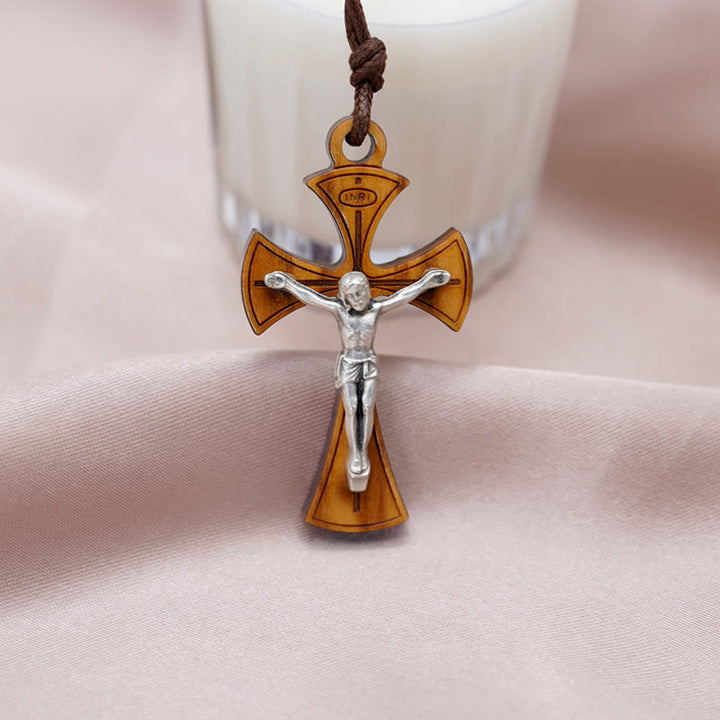 Christianartworkshop Classic Style Curved Olive Wood Crucifix Cross Pendant Necklace