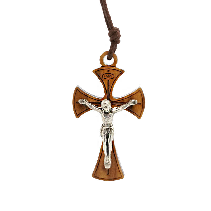 Christianartworkshop Classic Style Curved Olive Wood Crucifix Cross Pendant Necklace