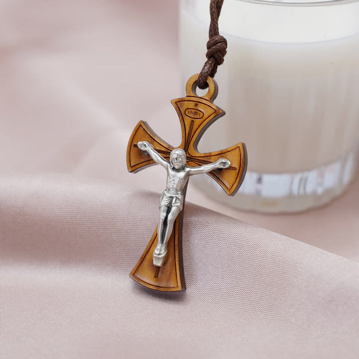 Christianartworkshop Classic Style Curved Olive Wood Crucifix Cross Pendant Necklace