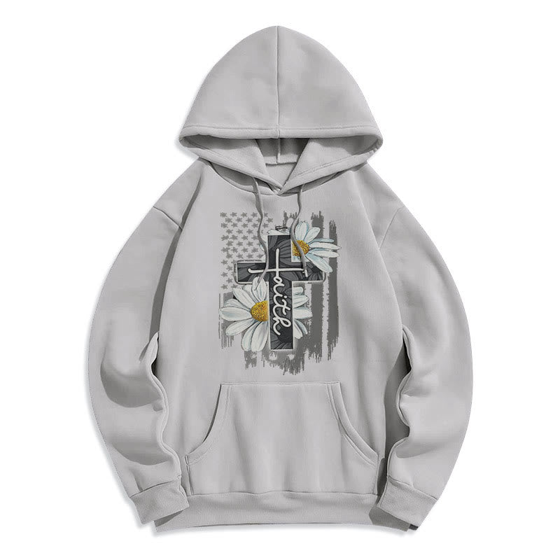 Christianartworkshop Modern Style Faith Cross and Daisies Fleece Lined Polyester Hoodie