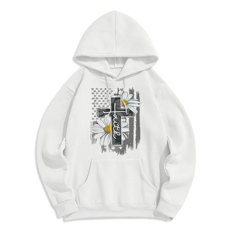 Christianartworkshop Modern Style Faith Cross and Daisies Fleece Lined Polyester Hoodie