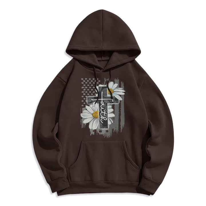 Christianartworkshop Modern Style Faith Cross and Daisies Fleece Lined Polyester Hoodie - Brown - 2XL - image 15