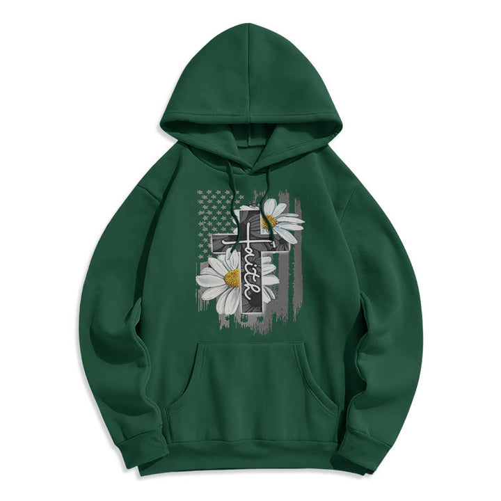 Christianartworkshop Modern Style Faith Cross and Daisies Fleece Lined Polyester Hoodie