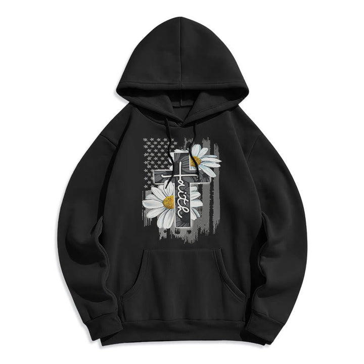 Christianartworkshop Modern Style Faith Cross and Daisies Fleece Lined Polyester Hoodie