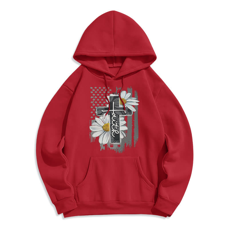 Christianartworkshop Modern Style Faith Cross and Daisies Fleece Lined Polyester Hoodie