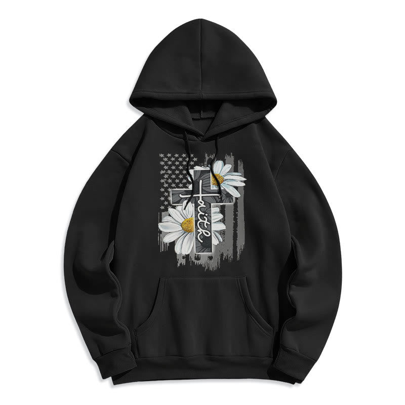 Christianartworkshop Modern Style Faith Cross and Daisies Fleece Lined Polyester Hoodie - Black - 2XL - image 0