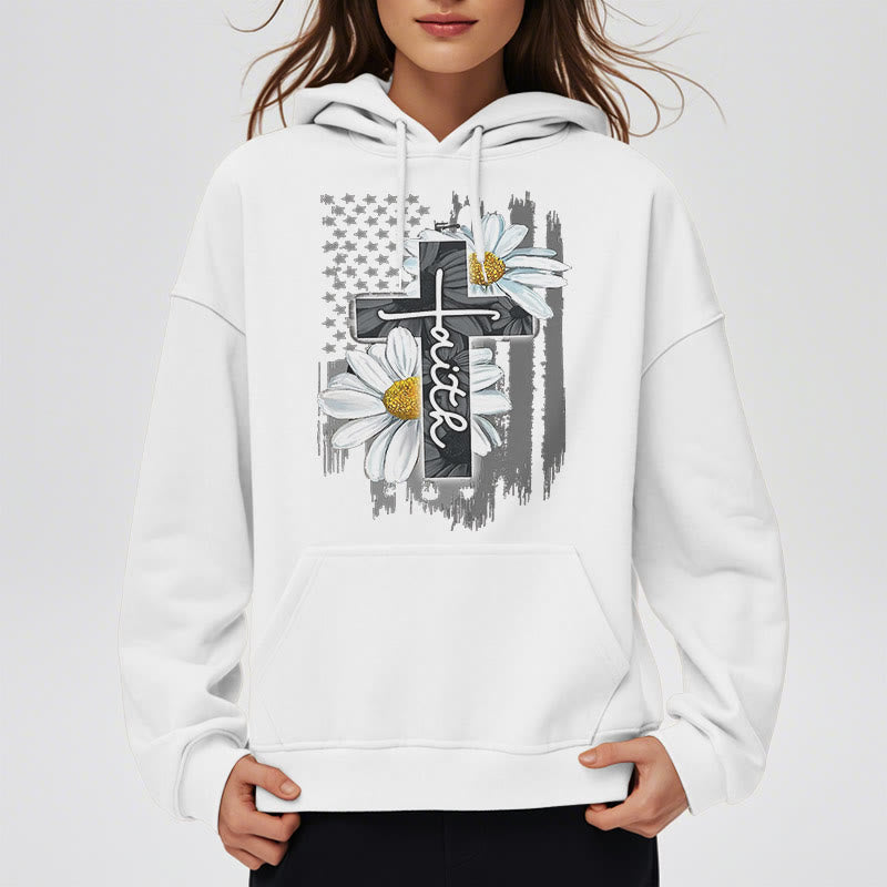 Christianartworkshop Modern Style Faith Cross and Daisies Fleece Lined Polyester Hoodie