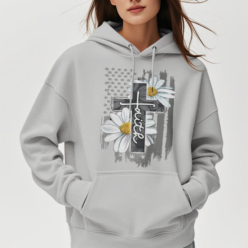 Christianartworkshop Modern Style Faith Cross and Daisies Fleece Lined Polyester Hoodie