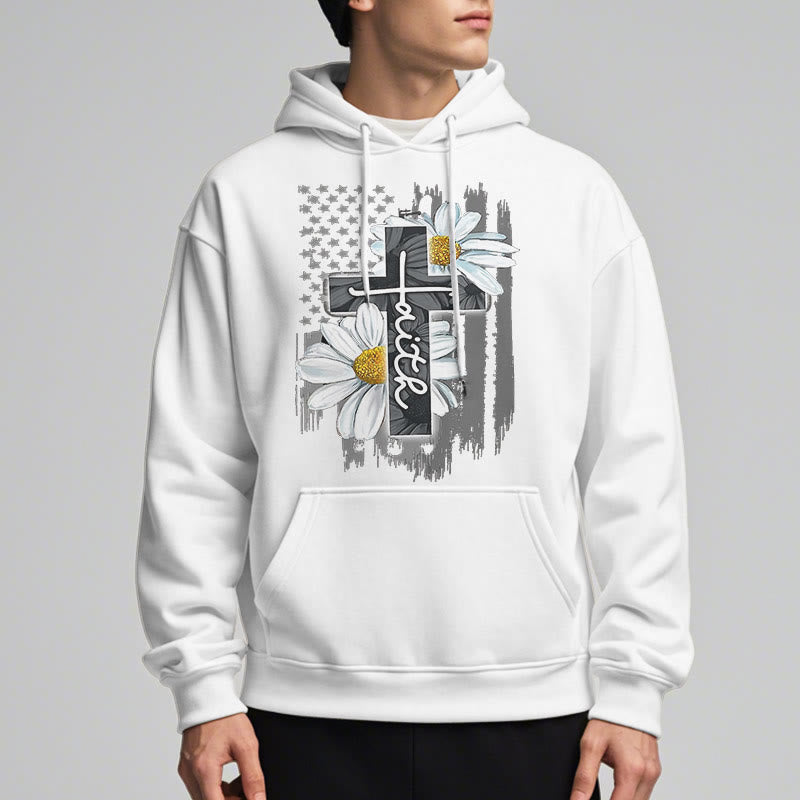 Christianartworkshop Modern Style Faith Cross and Daisies Fleece Lined Polyester Hoodie