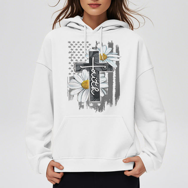 Christianartworkshop Modern Style Faith Cross and Daisies Fleece Lined Polyester Hoodie - image 7