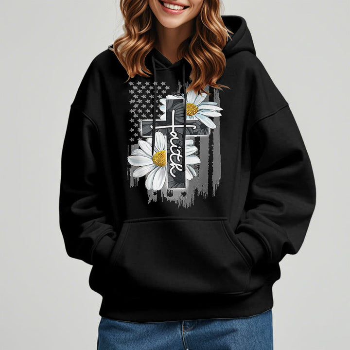 Christianartworkshop Modern Style Faith Cross and Daisies Fleece Lined Polyester Hoodie