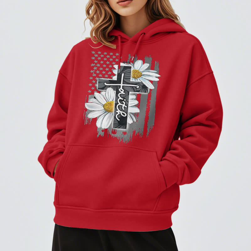 Christianartworkshop Modern Style Faith Cross and Daisies Fleece Lined Polyester Hoodie