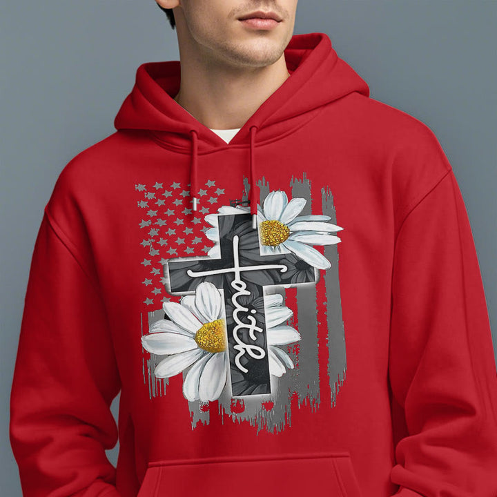 Christianartworkshop Modern Style Faith Cross and Daisies Fleece Lined Polyester Hoodie