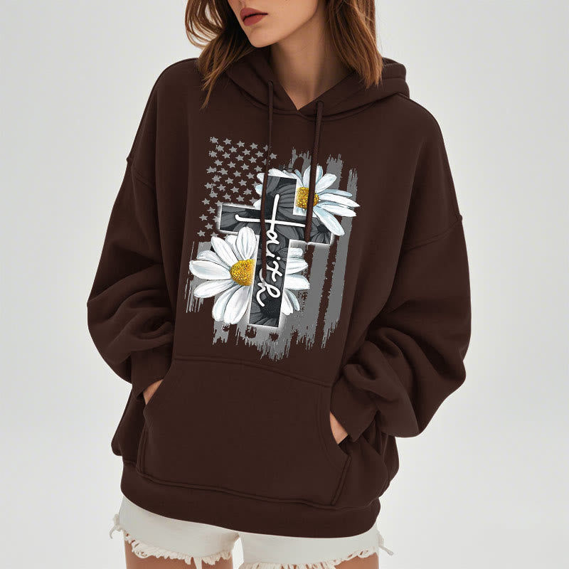 Christianartworkshop Modern Style Faith Cross and Daisies Fleece Lined Polyester Hoodie