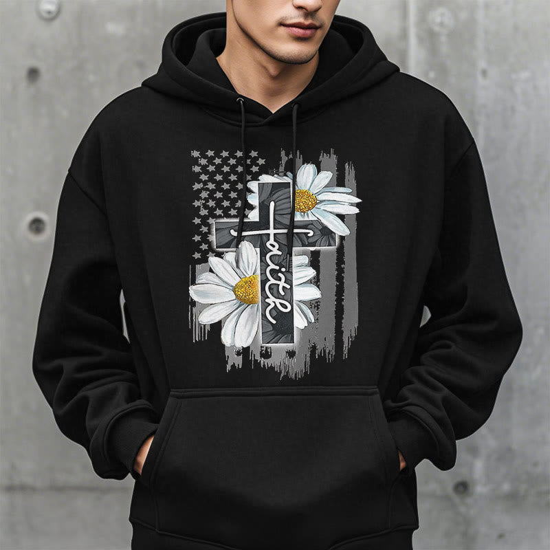 Christianartworkshop Modern Style Faith Cross and Daisies Fleece Lined Polyester Hoodie