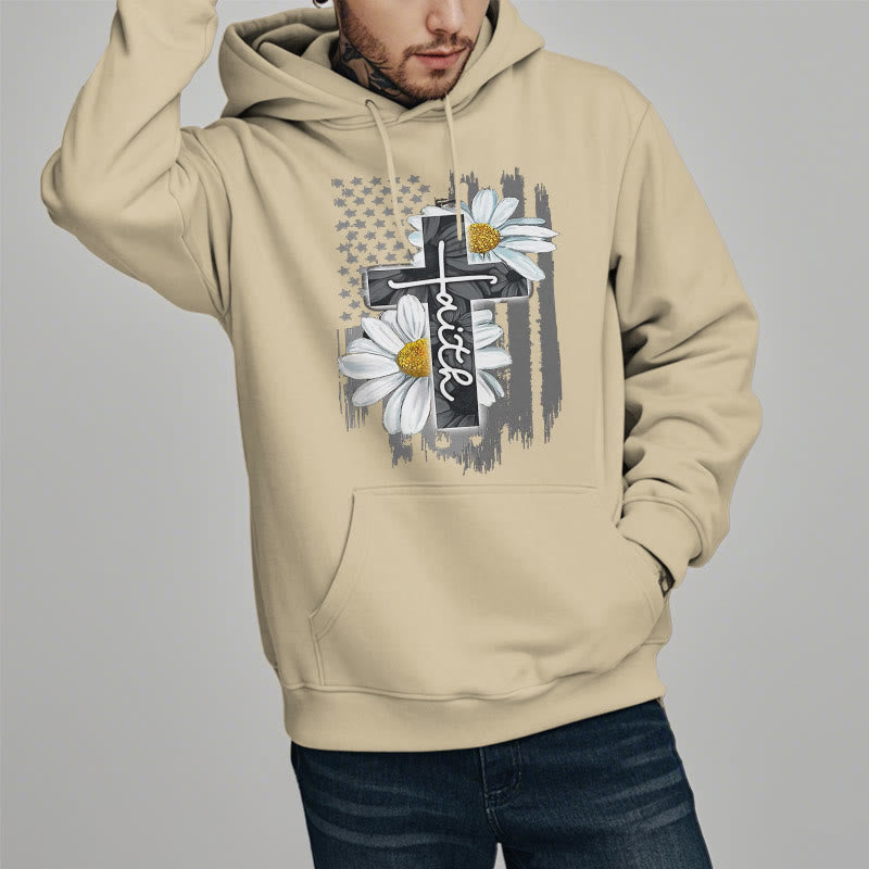 Christianartworkshop Modern Style Faith Cross and Daisies Fleece Lined Polyester Hoodie