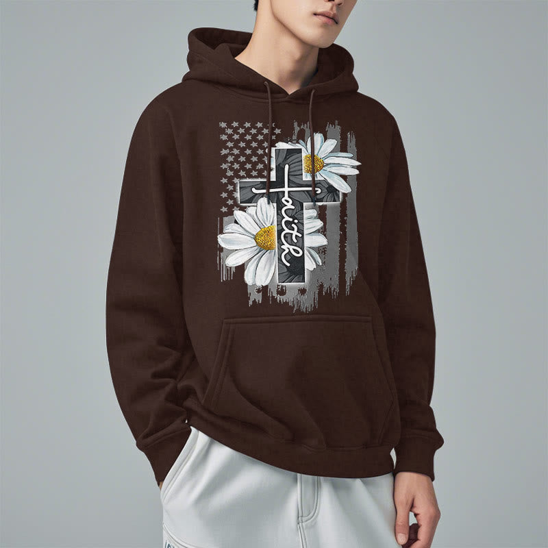 Christianartworkshop Modern Style Faith Cross and Daisies Fleece Lined Polyester Hoodie