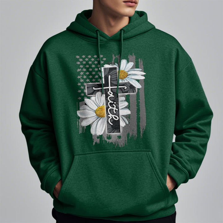 Christianartworkshop Modern Style Faith Cross and Daisies Fleece Lined Polyester Hoodie