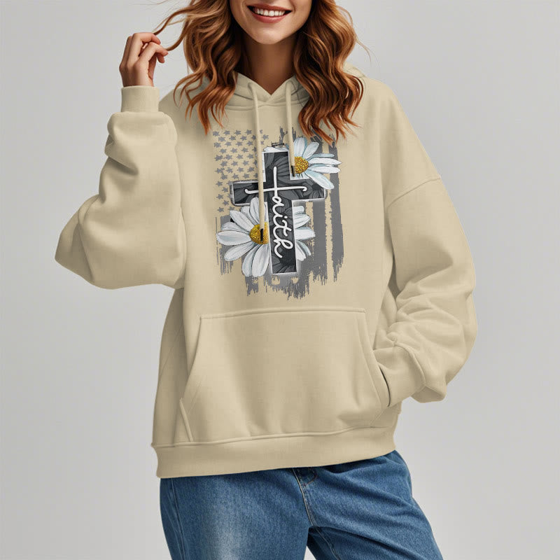 Christianartworkshop Modern Style Faith Cross and Daisies Fleece Lined Polyester Hoodie