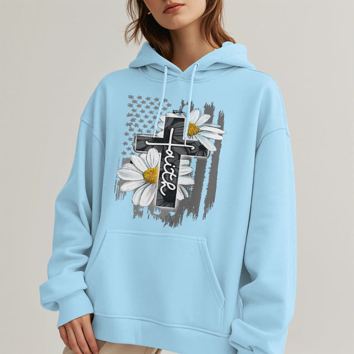 Christianartworkshop Modern Style Faith Cross and Daisies Fleece Lined Polyester Hoodie