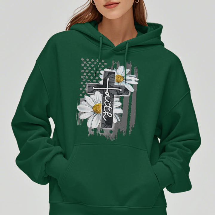 Christianartworkshop Modern Style Faith Cross and Daisies Fleece Lined Polyester Hoodie