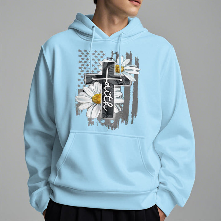 Christianartworkshop Modern Style Faith Cross and Daisies Fleece Lined Polyester Hoodie