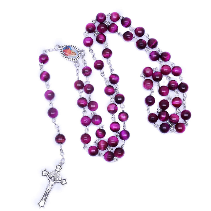 Christianartworkshop Immaculate Heart of Mary & Crucifix of 8 mm Round Purple Stone Alloy Chain Rosary