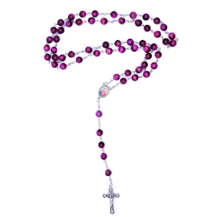 Christianartworkshop Immaculate Heart of Mary & Crucifix of 8 mm Round Purple Stone Alloy Chain Rosary