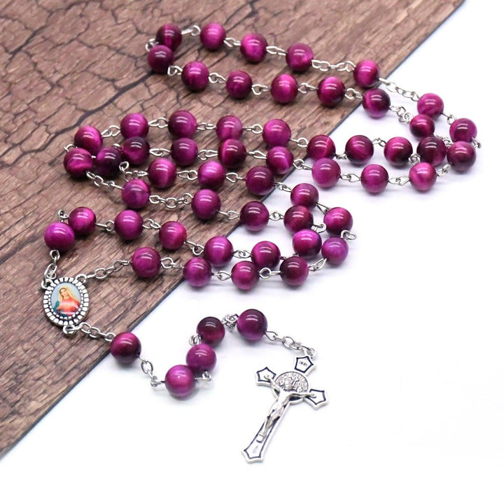 Christianartworkshop Immaculate Heart of Mary & Crucifix of 8 mm Round Purple Stone Alloy Chain Rosary