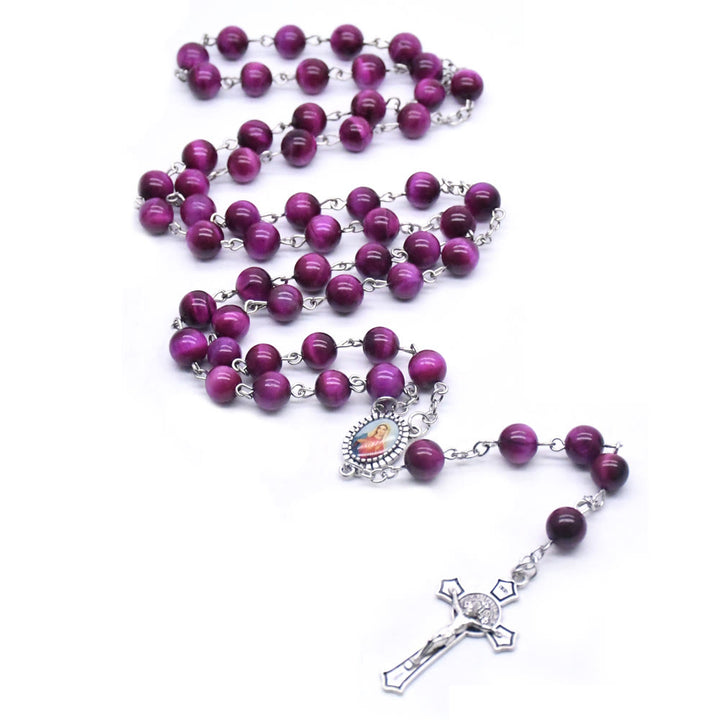 Christianartworkshop Immaculate Heart of Mary & Crucifix of 8 mm Round Purple Stone Alloy Chain Rosary