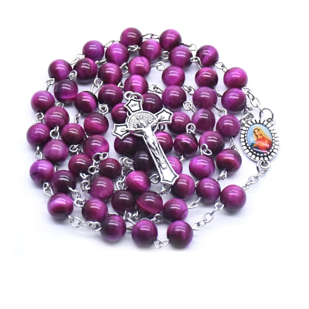 Christianartworkshop Immaculate Heart of Mary & Crucifix of 8 mm Round Purple Stone Alloy Chain Rosary