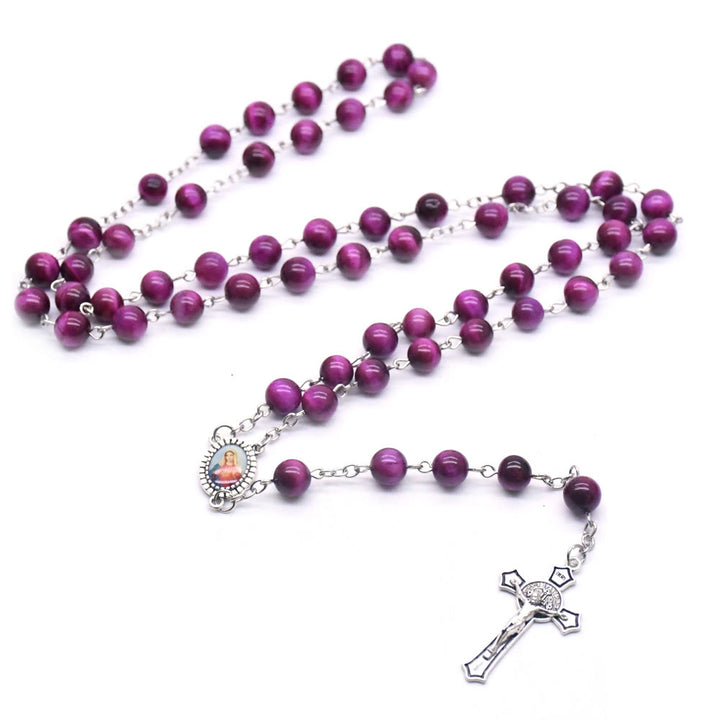 Christianartworkshop Immaculate Heart of Mary & Crucifix of 8 mm Round Purple Stone Alloy Chain Rosary