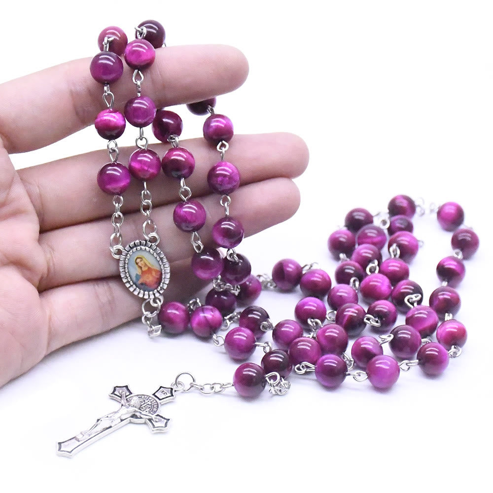 Christianartworkshop Immaculate Heart of Mary & Crucifix of 8 mm Round Purple Stone Alloy Chain Rosary