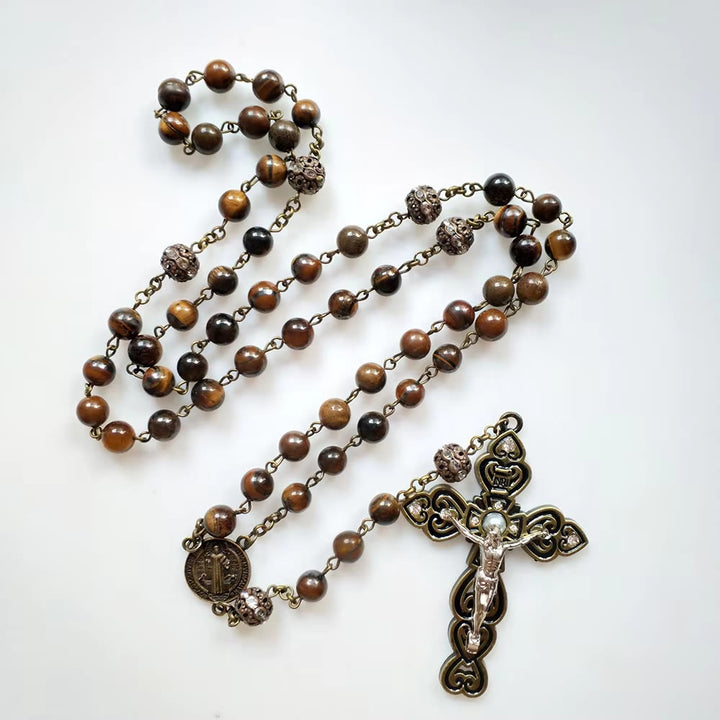 Christianartworkshop St. Benedict & Crucifix of 8 mm Round Brown Stone Alloy Chain Rosary