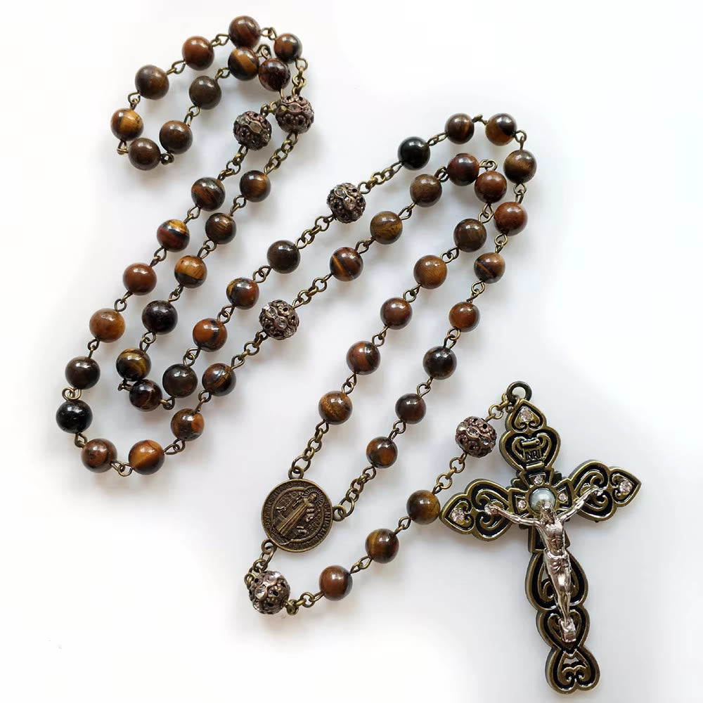 Christianartworkshop St. Benedict & Crucifix of 8 mm Round Brown Stone Alloy Chain Rosary