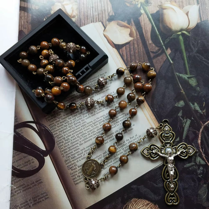 Christianartworkshop St. Benedict & Crucifix of 8 mm Round Brown Stone Alloy Chain Rosary