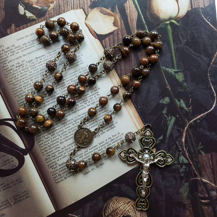 Christianartworkshop St. Benedict & Crucifix of 8 mm Round Brown Stone Alloy Chain Rosary