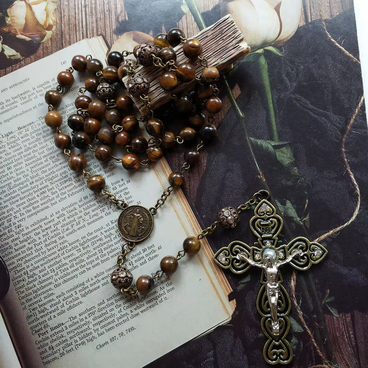 Christianartworkshop St. Benedict & Crucifix of 8 mm Round Brown Stone Alloy Chain Rosary