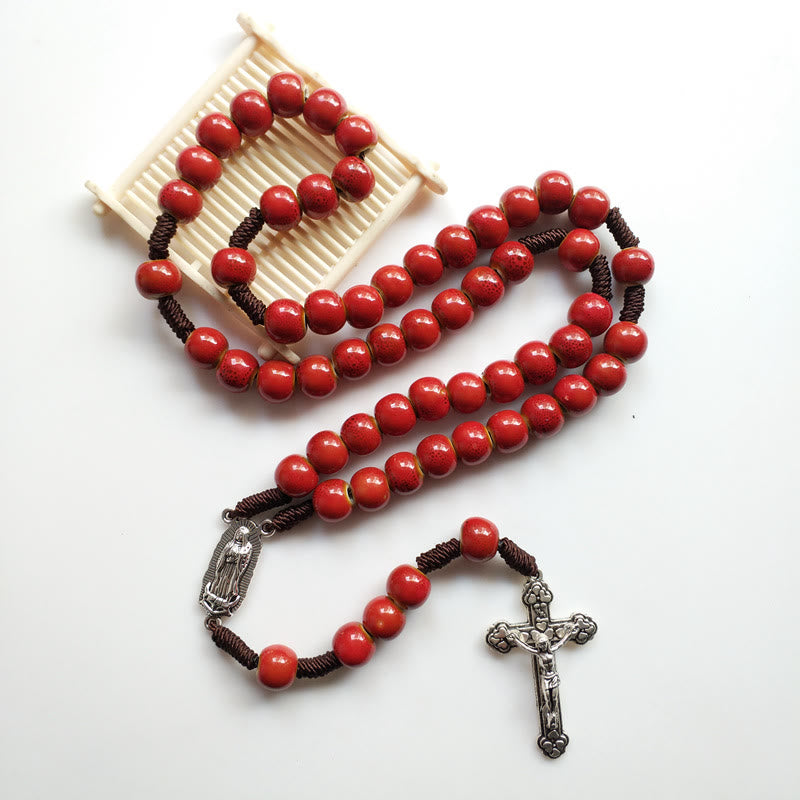 Christianartworkshop Our Lady of Guadalupe & Crucifix of 10 mm Round Red Ceramic Nylon Cord Rosary