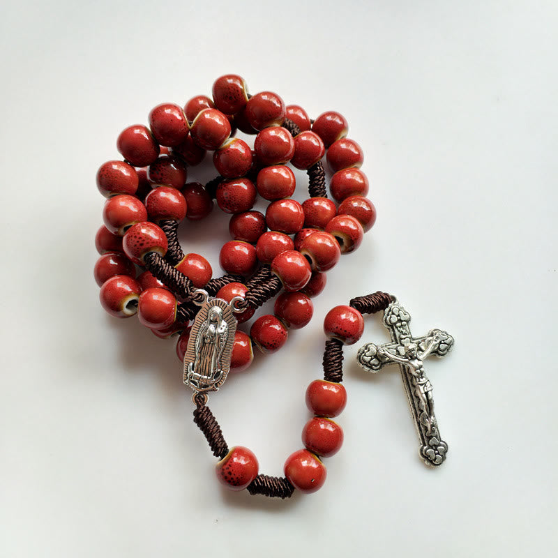 Christianartworkshop Our Lady of Guadalupe & Crucifix of 10 mm Round Red Ceramic Nylon Cord Rosary