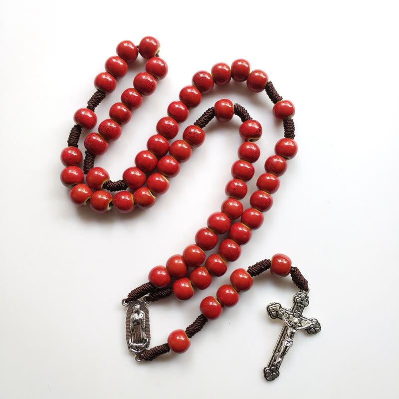 Christianartworkshop Our Lady of Guadalupe & Crucifix of 10 mm Round Red Ceramic Nylon Cord Rosary