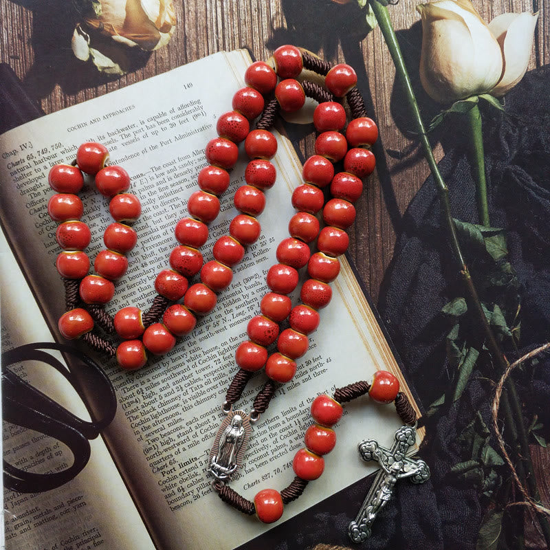 Christianartworkshop Our Lady of Guadalupe & Crucifix of 10 mm Round Red Ceramic Nylon Cord Rosary