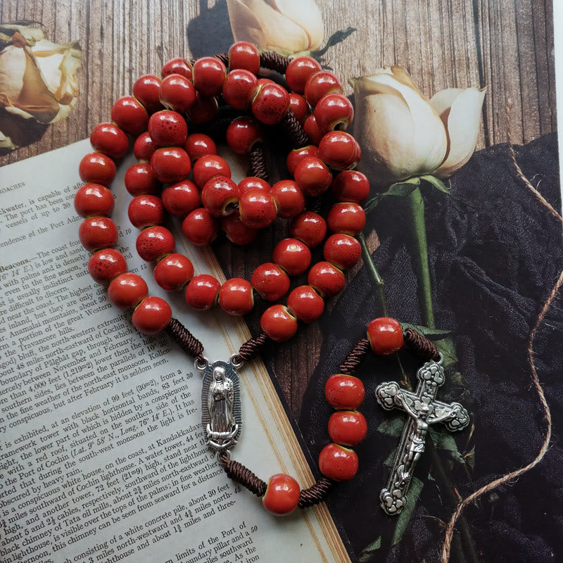 Christianartworkshop Our Lady of Guadalupe & Crucifix of 10 mm Round Red Ceramic Nylon Cord Rosary