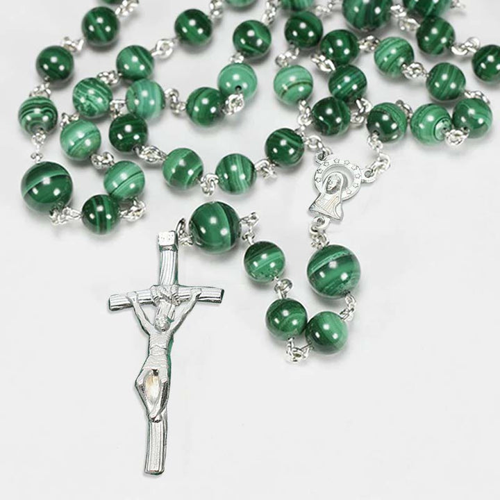 FREE Today: Sacred Heart of Jesus & Crucifix of 3 mm Round Green Stone Alloy Chain Rosary