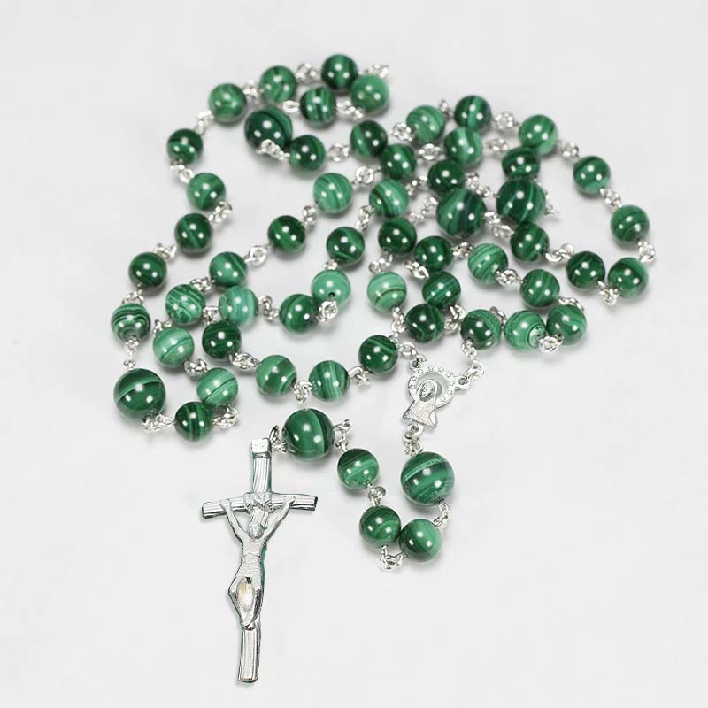 FREE Today: Sacred Heart of Jesus & Crucifix of 3 mm Round Green Stone Alloy Chain Rosary