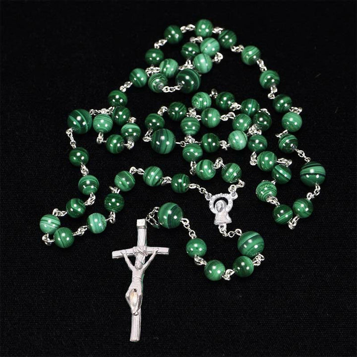 FREE Today: Sacred Heart of Jesus & Crucifix of 3 mm Round Green Stone Alloy Chain Rosary