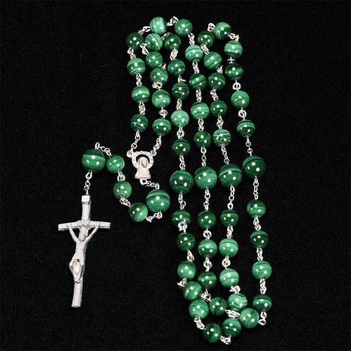 FREE Today: Sacred Heart of Jesus & Crucifix of 3 mm Round Green Stone Alloy Chain Rosary