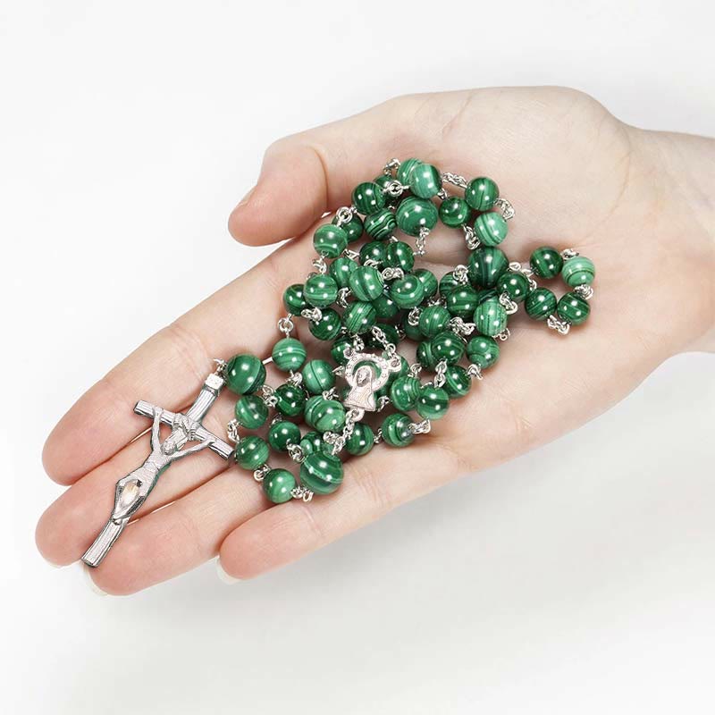 FREE Today: Sacred Heart of Jesus & Crucifix of 3 mm Round Green Stone Alloy Chain Rosary