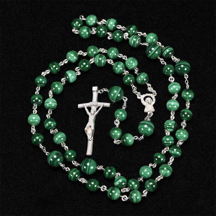 FREE Today: Sacred Heart of Jesus & Crucifix of 3 mm Round Green Stone Alloy Chain Rosary