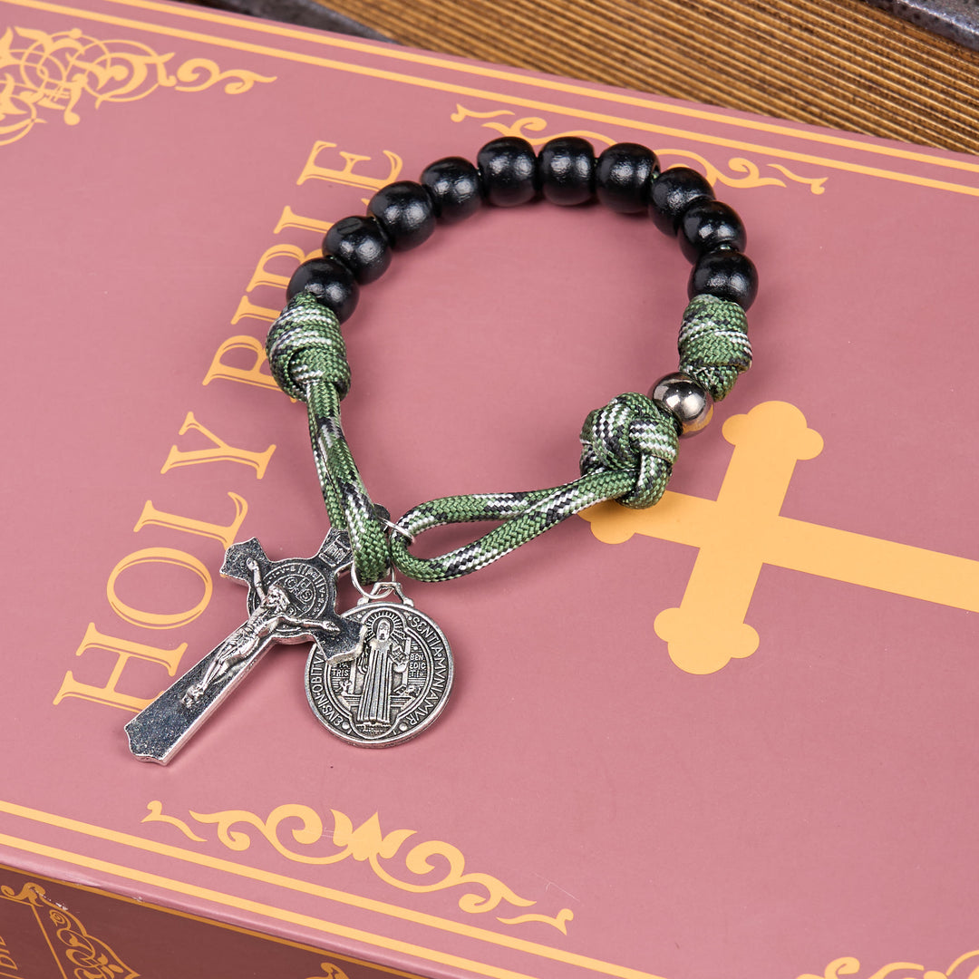 FREE Today: St. Benedict Medal & Crucifix of 10 mm Round Black Wood Green Paracord Pocket Rosary